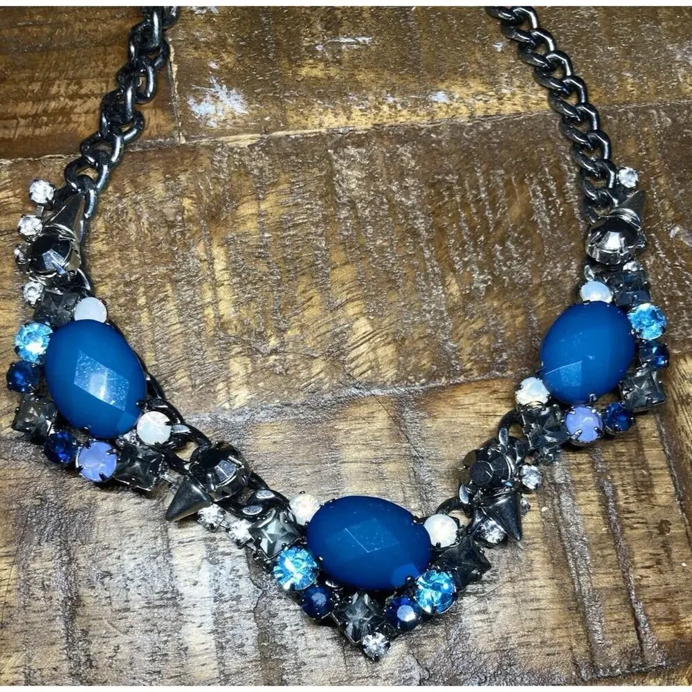 Express Women's Statement Necklace Blue Stones Studs Y2K
